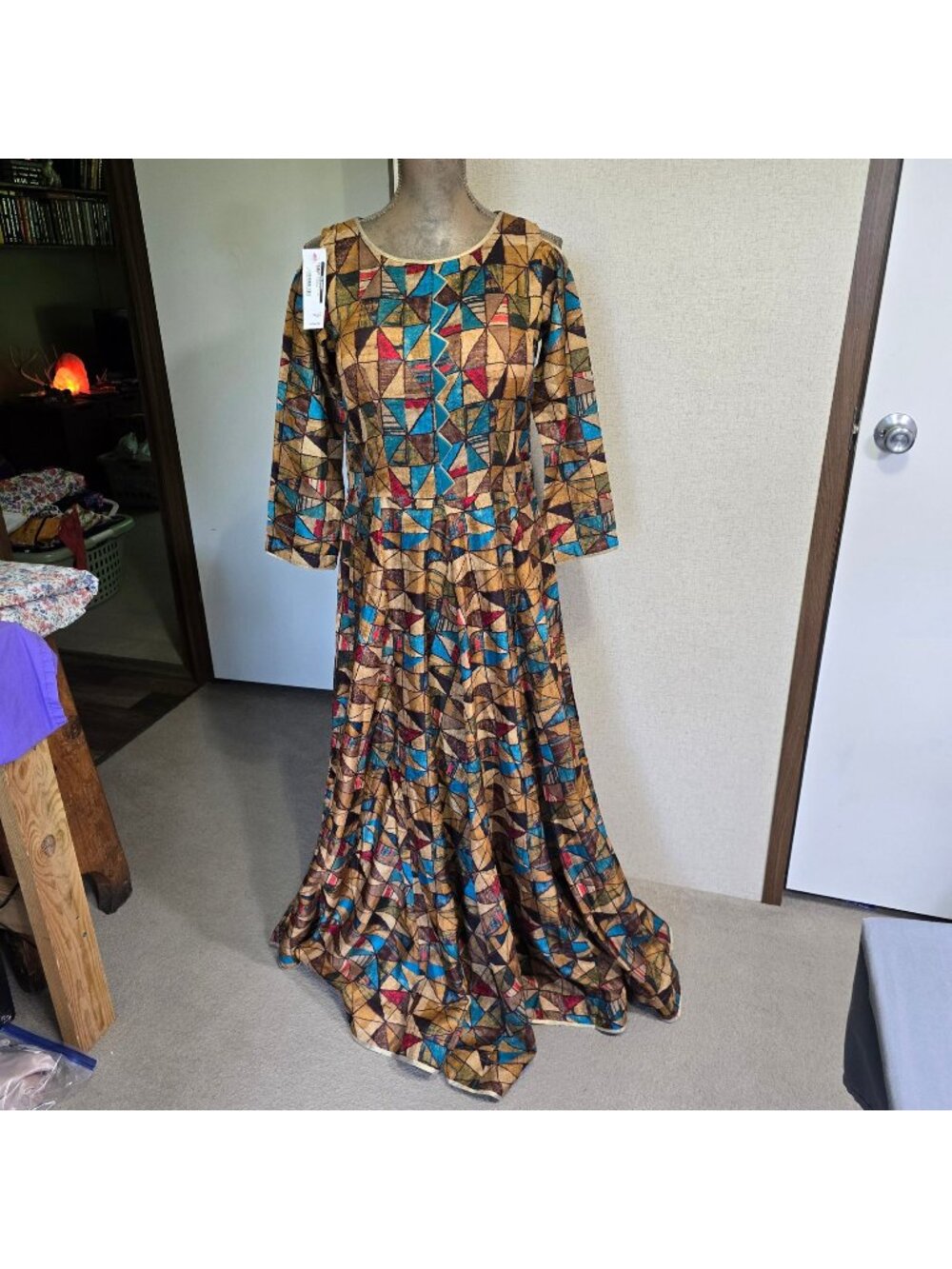 NEW Geometric Modest Boho A-Line Dress Sz 36 4 Small Cold Shoulder Long Sleeve